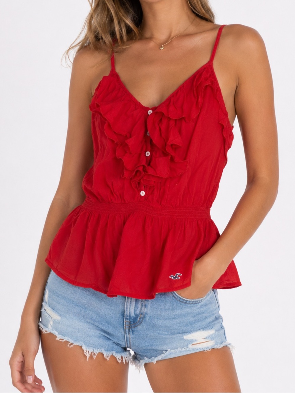 Hollister Red Ruffle Babydoll Tank Top Boho Peplum Cami Y2K Summer Romantic